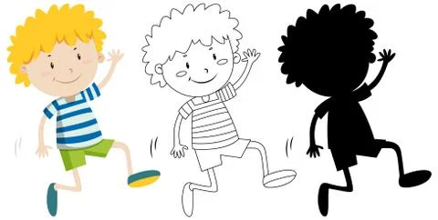 Happy boy ready to play with its outline and silhouette Stock Illustration