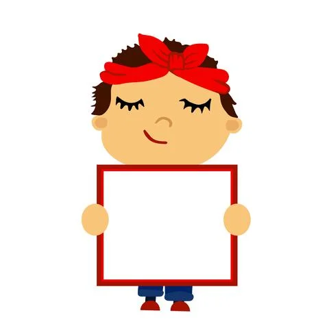 Happy boy with red square frame for text, banner Stock Illustration