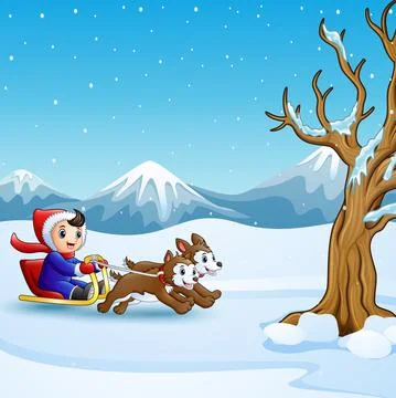 Happy boy riding on a sleigh pulled by two dogs Stock Illustration