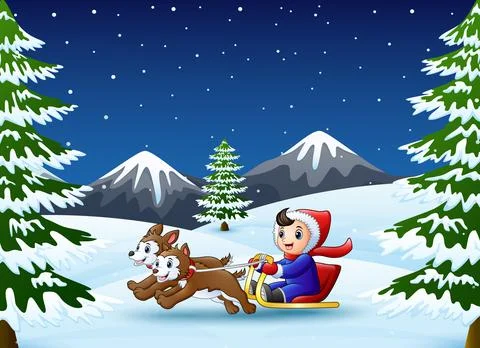 Happy boy riding on a sleigh pulled by two dogs at winter night 스톡 일러스트