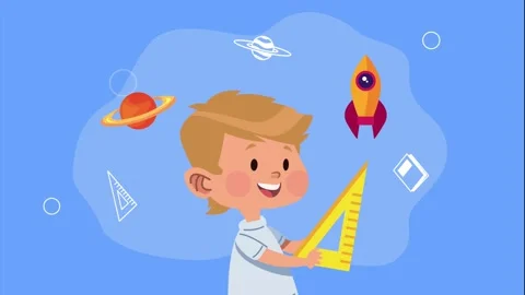 Happy boy with a ruler, planets, and a rocket ship on a blue background, mo.. Stock Footage 338318315