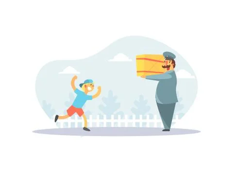 Happy Boy Running to Postman in Uniform Delivering Parcel Vector Illustration Stock Illustration