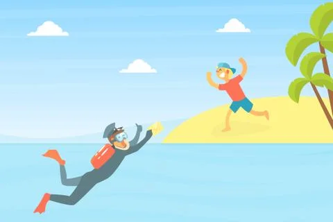 Happy Boy Running to Postman in Uniform with Scuba Diving Mask Delivering Letter Stock Illustration