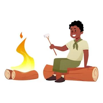 A happy boy scout sits on a log near a campfire with a marshmallow on a stick. Stock Illustration