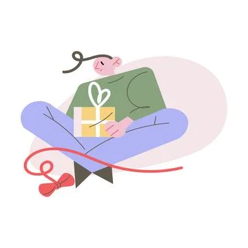 Happy boy sitting and decorating Christmas present box with bow Stock Illustration