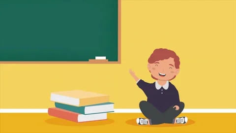 Happy boy sitting on floor in classroom raising hand near blackboard and book Stock Footage 333547442