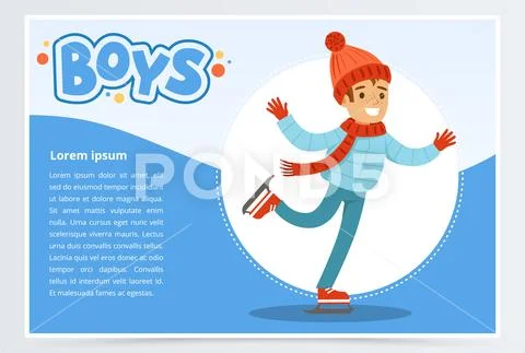 Happy boy skating on Ice rink, boys banner for advertising brochure, promotional Stock Illustration