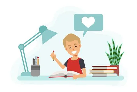 Happy Boy studying with a book at home. Vector illustration of flat cartoon c Stock Illustration