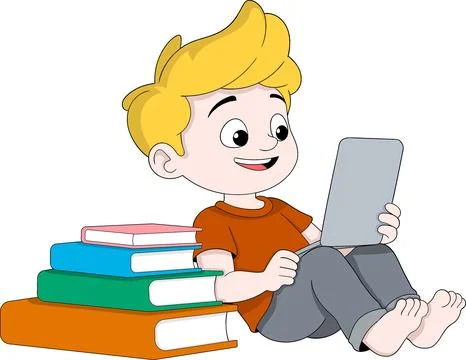 Happy Boy Studying with Tablet and Books Illustration Stock Illustration