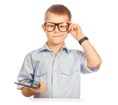 Happy boy with tablet. isolated Stock Photos