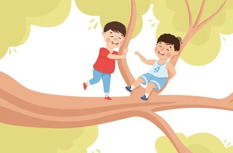 Happy Boy on Tree Branch Having Fun Enjoying Summer Vector Illustration Illustrazione stock