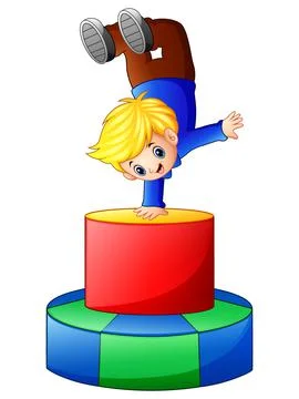 Happy boy upside down on colored wooden toys Stock Illustration
