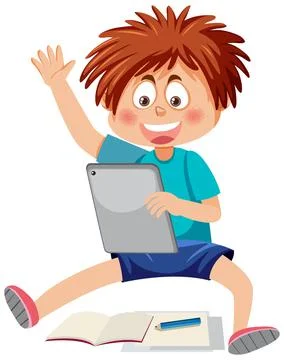 Happy boy using tablet Stock Illustration