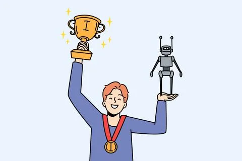 Happy boy win prize for robot creating Illustrazione stock