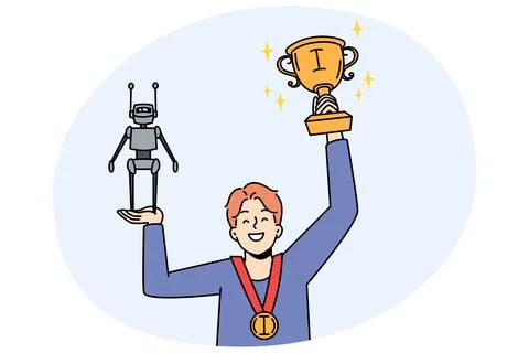 Happy boy win prize for robot creating Stock Illustration