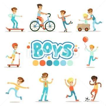 Happy Boys And Their Expected Classic Behavior With Active Games Sport Stock Illustration