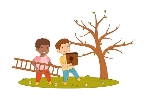 Happy Boys Walking with Nesting Box and Ladder Engaged in Spring Season Activity Illustrazione stock
