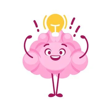 Happy brain having an idea with light bulb shining over its head 스톡 일러스트