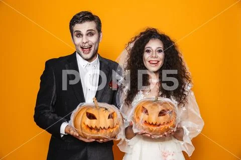 Happy bride and groom looking camera and smiling Stock Photos