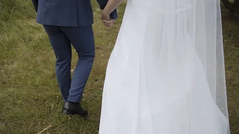 Happy bride and groom walk on the green grass. 库存影片 123739241