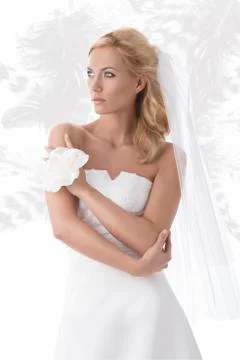 Happy bride on background with feathered pattern Stock Photos