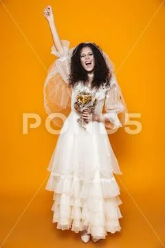 Happy bride zombie screaming and laughing isolated Stock Photos
