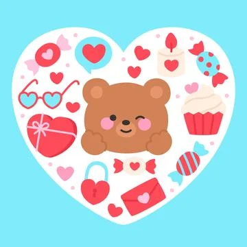 Happy Brown Bear Inside Heart Frame Surrounded by Valentine Themed Items Stock Illustration