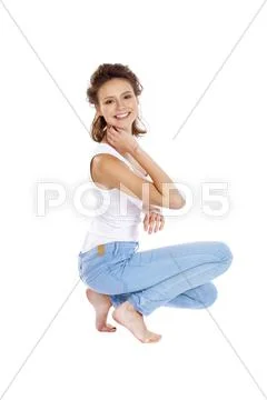 Happy brunette girl in white t-shirt Stock Photos
