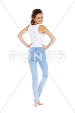 Happy brunette girl in white t-shirt Stock Photos