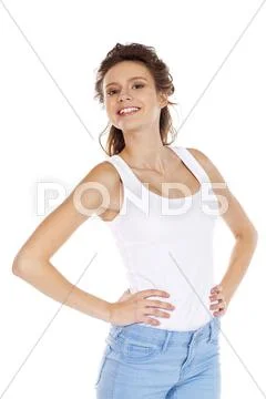 Happy brunette girl in white t-shirt Stock Photos