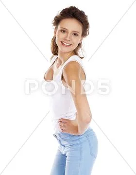Happy brunette girl in white t-shirt Stock Photos
