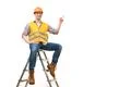 The happy builder on the ladder gesturing on the white background Photo
