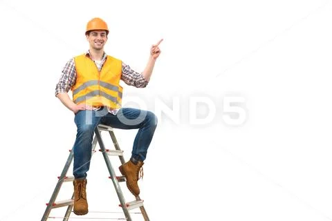 The happy builder on the ladder gesturing on the white background Stock Photos