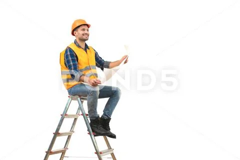 The happy builder with a paper sitting on the ladder on the white background Stock Photos