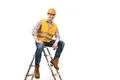 The happy builder sitting on the ladder on the white background Photo