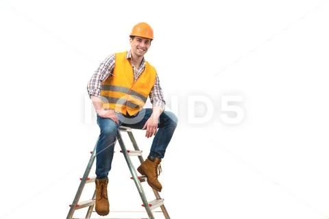 The happy builder sitting on the ladder on the white background Stock Photos
