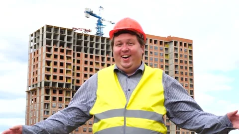 Happy builder worker or architect face expression. Wow, joyful man emotion on Stock Footage 111879641