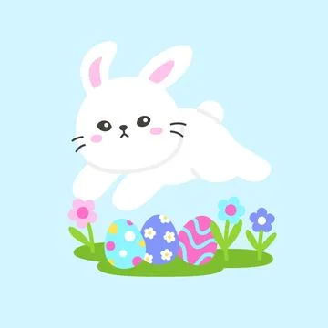 Happy Bunny Leaping Over Easter Eggs with Flowers Stock-Illustration
