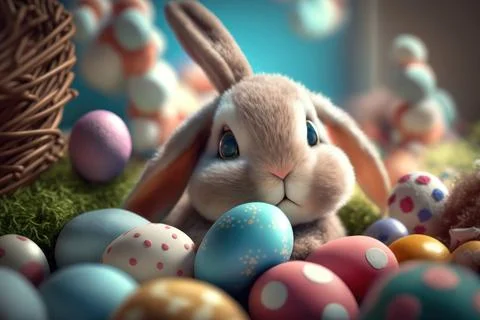 Happy Bunny with many Easter eggs on grass. Festive background for decorative Stock-Illustration