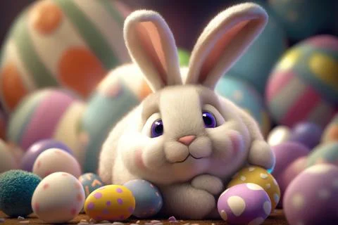 Happy Bunny with many Easter eggs on grass. Festive background for decorative Stock Illustration