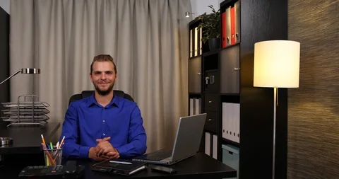 Happy Business Man Talking Camera About Company Investment in Office Interior Stock Footage 88010416