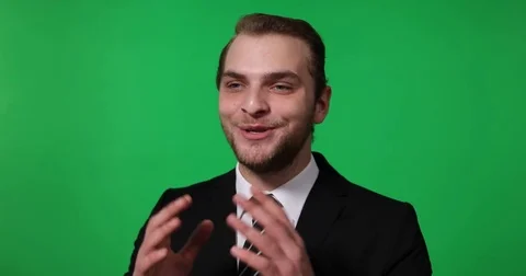 Happy Business Man Talking Interview Positive Discussion Green Screen Background Stock Footage