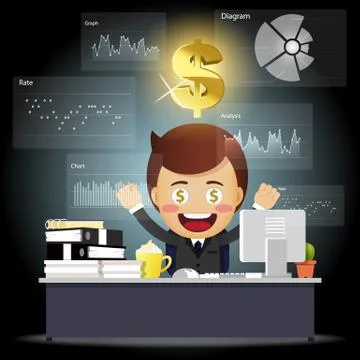 Happy business man working on computer with data processing Stock Illustration