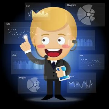 Happy business man working on computer with data processing Stock Illustration