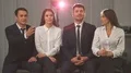 The happy business people discuss on the background of a bright projector 4k or 4k+ Resolution