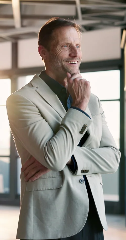 Happy, businessman and thinking with window in office for career ambition Stock Footage 340601943