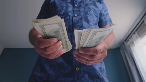 Happy Businessman Counting Stack Dollar Bills While Sitting In Cozy Home Bedroom Stock Footage 315221914