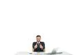 The happy businessman at the desktop thumbs up on the white background Photo