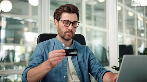 Happy businessman enter secure code buy goods in internet store shopping online. Stock Footage 247447703