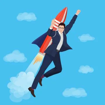 Happy Businessman flying with rocket backpack. Vector illustration. 스톡 일러스트
